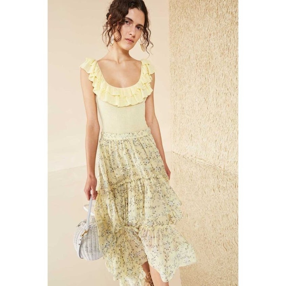 Ulla Johnson Marilyn Ruffled Silk Georgette Skirt in Acacia Floral Yellow Runway - Picture 2 of 12
